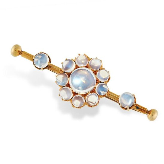 AN ANTIQUE MOONSTONE BAR BROOCH in yellow gold, set