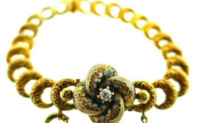 ANTIQUE 14k Yellow Gold, Enamel & Diamond Link Bracelet