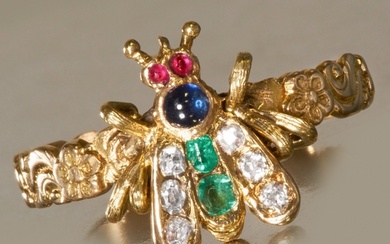 ANTIQUE RUBY SAPPHIRE EMERALD AND DIAMOND FLY RING, High car...