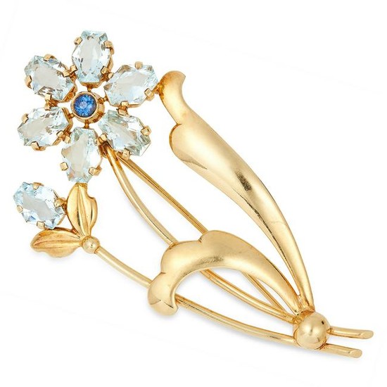 AQUAMARINE AND SAPPHIRE FLOWER BROOCH set with fancy