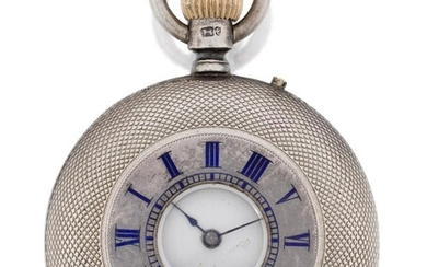 A&W. A silver half hunter keyless wind fob watch, Circa 1900, white enamel dial with black Roman numerals and outer five minute chapter, blued steel double spade hands, silver engine turned hands, cylinder movement with gold 3 arm balance, silver...