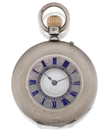 A&W. A silver half hunter keyless wind fob watch, Circa 1900, white enamel dial with black Roman numerals and outer five minute chapter, blued steel double spade hands, silver engine turned hands, cylinder movement with gold 3 arm balance, silver...