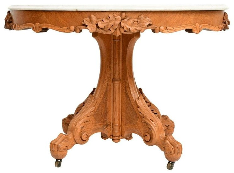 American Carved Oak Center Table with Marble Top