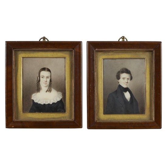 American School 19th century Pair of portrait miniatures: lady...