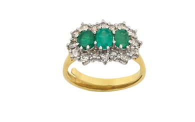 An 18 Carat Gold Emerald and Diamond Triple Cluster Ring...