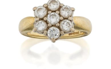 An 18ct gold and diamond cluster ring, of flowerhead design, the seven brilliant-cut diamonds to a tapering plain hoop, European convention hallmarks, ring size approx. H