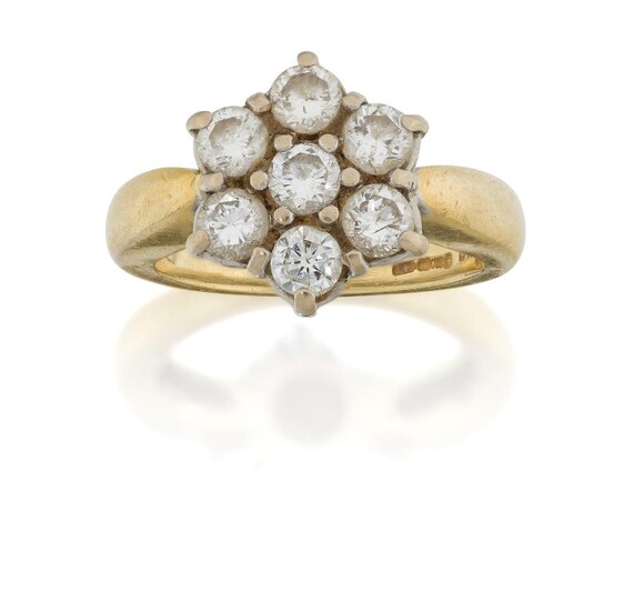 An 18ct gold and diamond cluster ring, of flowerhead design, the seven brilliant-cut diamonds to a tapering plain hoop, European convention hallmarks, ring size approx. H