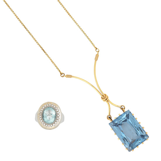 An aquamarine and diamond ring and a synthetic spinel pendant