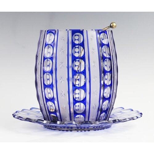 An early 20th century blue flashed cut glass punch bowl and ...