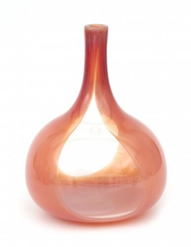 An orange glass flask-shaped Leerdam Unica vase, produced by Glasfabriek Leerdam, made by master-glassblower Leen van der Linden, 1976, signed underneath and numbered MAD 122 LL.