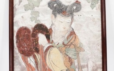 Ancient Chinese Fresco (Stucco) Polychrome Fresco painting with a Celestial Deity playing the Chinese cymbals - 102×72×3 cm - (1)