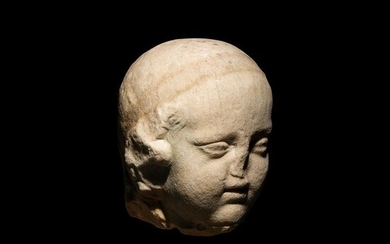 Ancient Greek Marble Classical period. Sculpture Head of a child. Type of the Temple of Artemis of Brauron. 20 cm H.