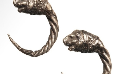 Ancient Greek Silver Pair of Earrings with Lion Heads
