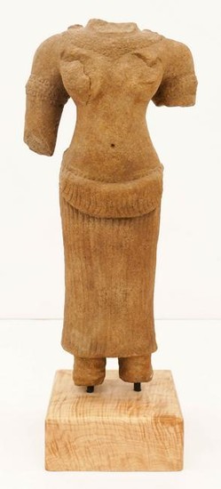 Ancient Khmer Stone Female Torso on Stand 19''x7.5''. A