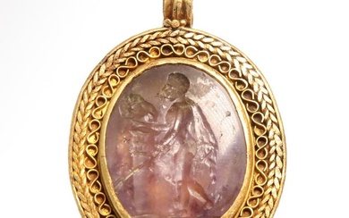 Ancient Roman Gold and amethyst Intaglio in Gold Pendant
