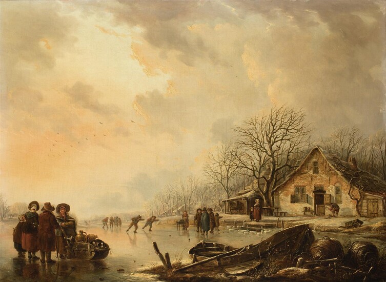 Andries Vermeulen (1763-1814), winterlandschap met schaatsers op het ijs en...