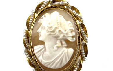 Antique 10K Cameo Brooch or Pendant with Seed Pearl Accents