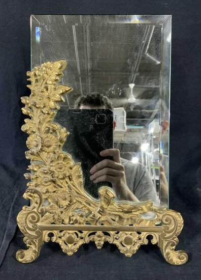 Antique Beveled Mirror w Brass Stand