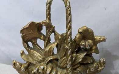 Antique Cast Iron Painted Gold Floral Basket Door Stop