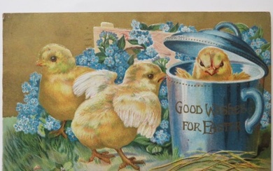 Antique Easter Card, Baby Chicks, Forget-Me-Not Flowers, Mailed 1913