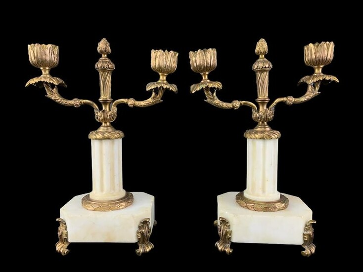 Antique French Empire Bronze Marble Candle Holders