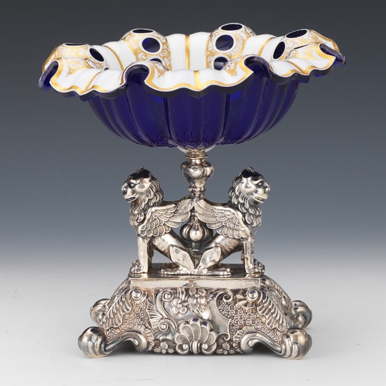 Antique Rococo Style Continental Silver and Bohemian Cobalt White Glass Centrepiece, 19th Century