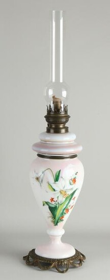 Antique hand-painted opaline glass kerosene lamp with