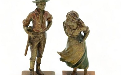 Austrian Cold Painted Bronze Miniature Statuettes, Countryman & Woman, Ca. 1900, H 3" W 1" Depth 1" 1 Pair