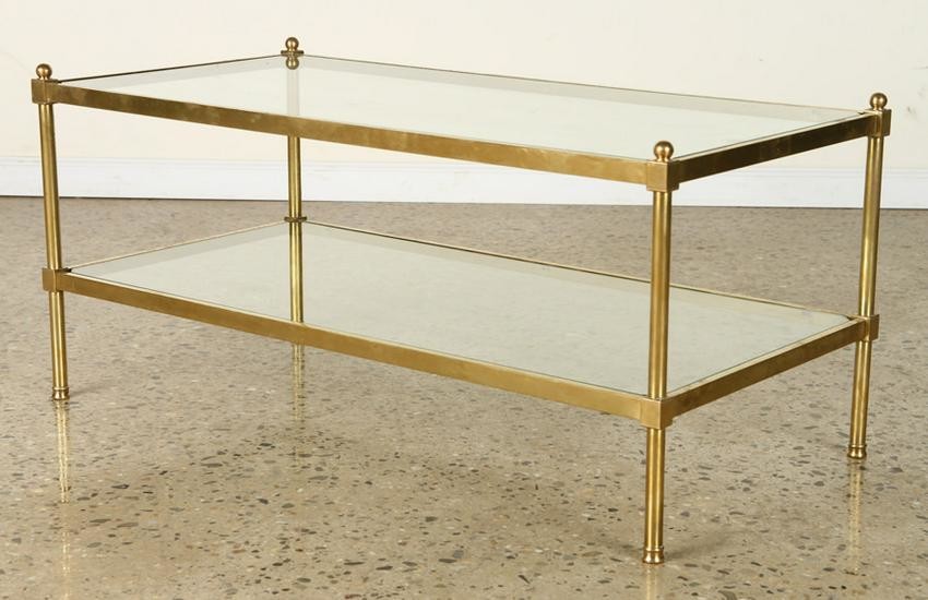BRASS COFFEE TABLE WITH GLASS SHELVES C.1970