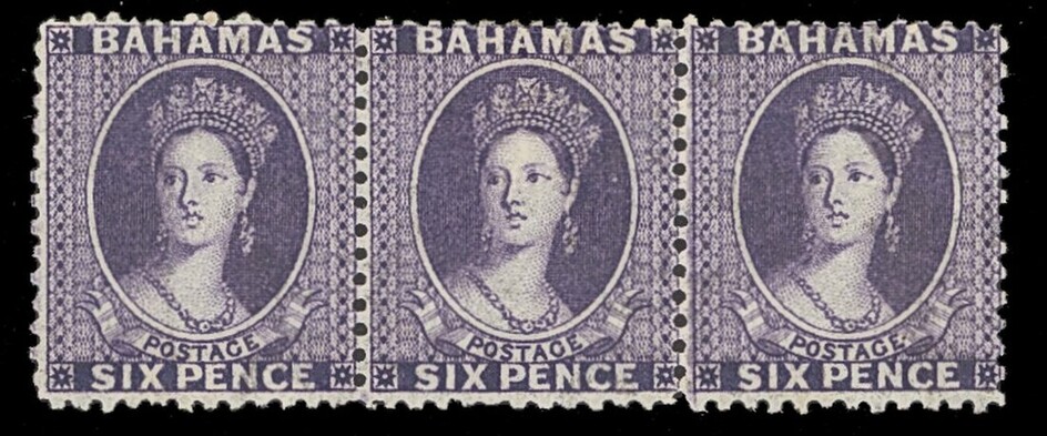 Bahamas 1863-77 Watermark Crown CC Perforated 12½ 6d. deep violet, horizontal strip of three, u...