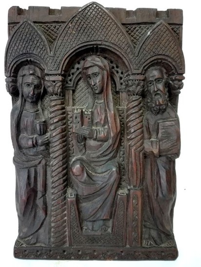 Bas-relief carved panel with three sacred figures - Wood - Late 19th century
