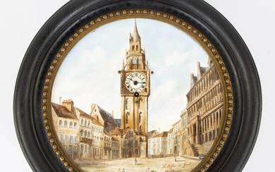 Beautiful and original clock painted porcelain Le Belfroi à Gand by Jules Heursel - Horloger a Gand, 19th century, signed.