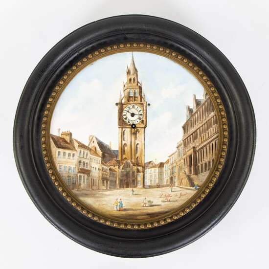 Beautiful and original clock painted porcelain Le Belfroi à Gand by Jules Heursel - Horloger a Gand, 19th century, signed.