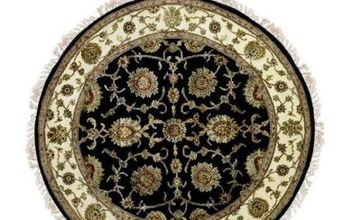 Black, Rajasthan, Wool and Silk, Hand Knotted, Round