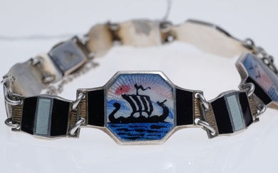 Bracelet with three Nordic motifs and white and black stone, 925 Sterling silver, hallmarked, clasp