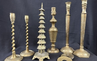 Brass Items Incl. Brass Lamp- Pagoda- Candlesticks