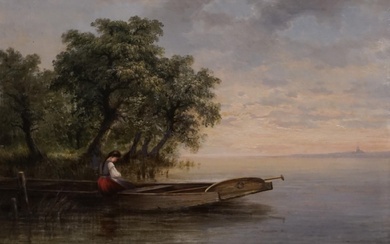 British Late 19th Early 20th Century School, Woman on a Boat in Calm Water, Oil on Canvas, Signed l.l., Frame: 26 1/2 x 33 3/4 in. (67.3 x 85.7 cm.)