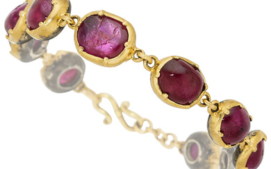 Burma Ruby, Silver-Topped Gold Bracelet Stones: Ruby cabochons Metal:...