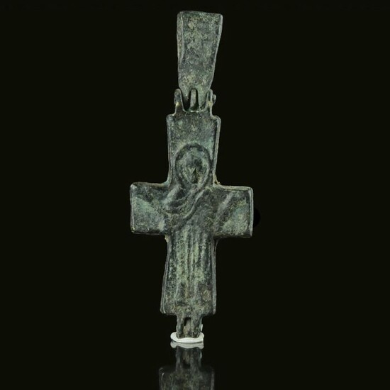 Byzantine Bronze double-sided reliquary cross pendant - Enkolpion - (1)