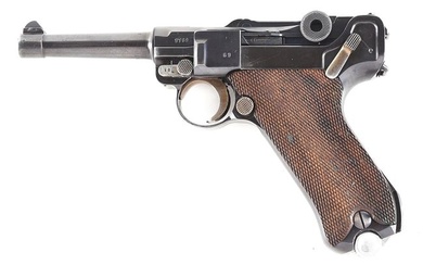 (C) G DATE MAUSER "S/42" CODE P.08 LUGER SEMI AUTOMATIC PISTOL WITH MATCHING HOLSTER AND 2