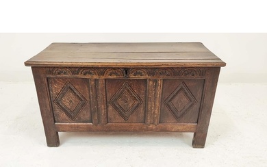 COFFER, 17th century oak, with a carved triple panelled fron...