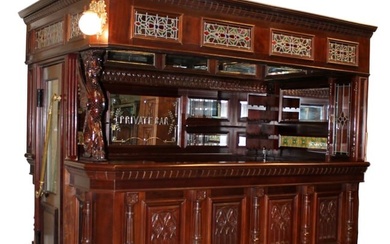 Canopy corner pub bar in carved mahogany with painted and stained glass ceiling
