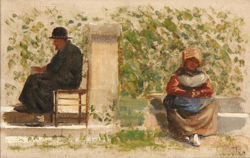 Carl Thomsen: A man of the cloth reading and a woman seated on a stone bench. Signed C. Th. Oil on canvas laid on cardboard. 10×15.5 cm.