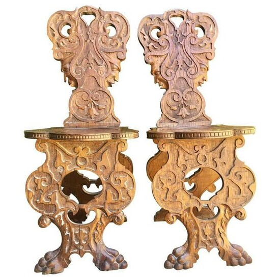Carved Sgabello Hall Chairs 20th Century