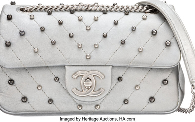 Chanel Metallic Silver Chevron Quilted Lambskin Leather Stud Wars...