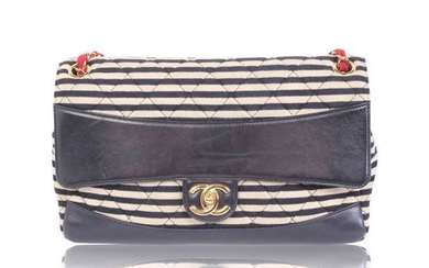 Chanel - Shoulder bag Stripes Canvas Leather Trimmed Jumbo Bag