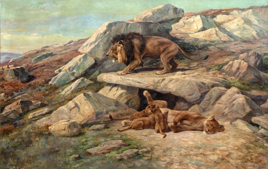 Charles H.D. BOLAND DE SPA (c.1850-?) Famille de lions Huile sur toile Signé en bas...