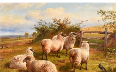 Charles Jones (1836-1892) British. Sheep by a Gate, Oil on c...