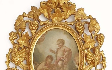 Cherubs, 19th C. Rococo Framed Oil on Board Painting