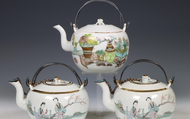 China, a pair and a single famille rose porcelain teapots, 20th century